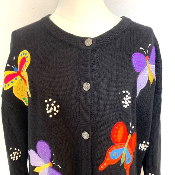 The Quacker Factory Women's 1X Button Up Cardigan Black w/ Butterflies - Picture 3 of 13